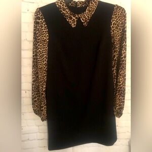 NWOT- Leopard Print Sleeve Black Dress